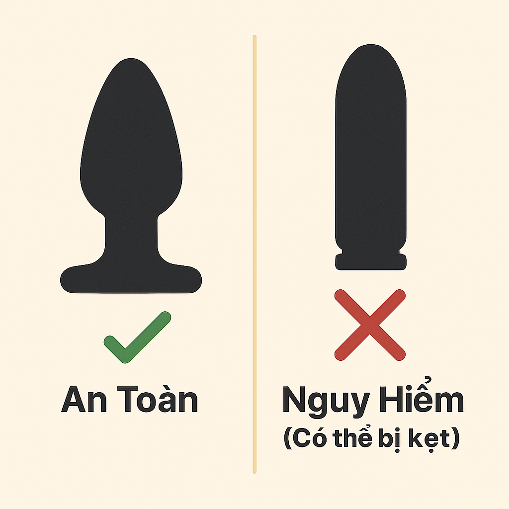 So sánh giữa đồ chơi hậu môn an toàn có đế loe và các vật dụng nguy hiểm không có đế loe có thể gây mắc kẹt.